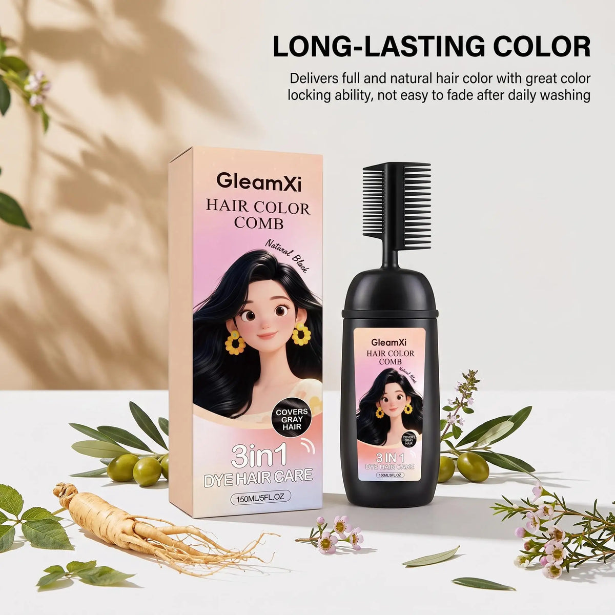 Herbal Hair Dye Comb 3-in-1 Quick Natural Plant Extract Deep Nourish Repair Roots Boost Vitality Long Lasting Mild Formula Gray Coverage Natural Hair Color Comb