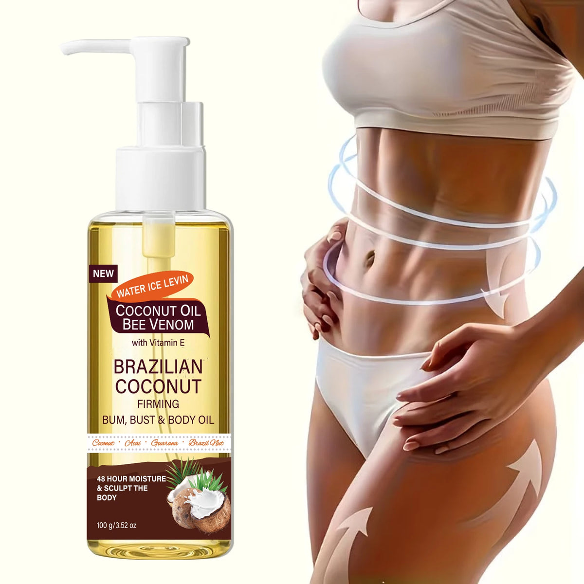 Brazilian Coconut Firming Body Oil, 48H Moisture & Sculpting with Acai, Guarana & Hyaluronic Acid for Bum & Bust