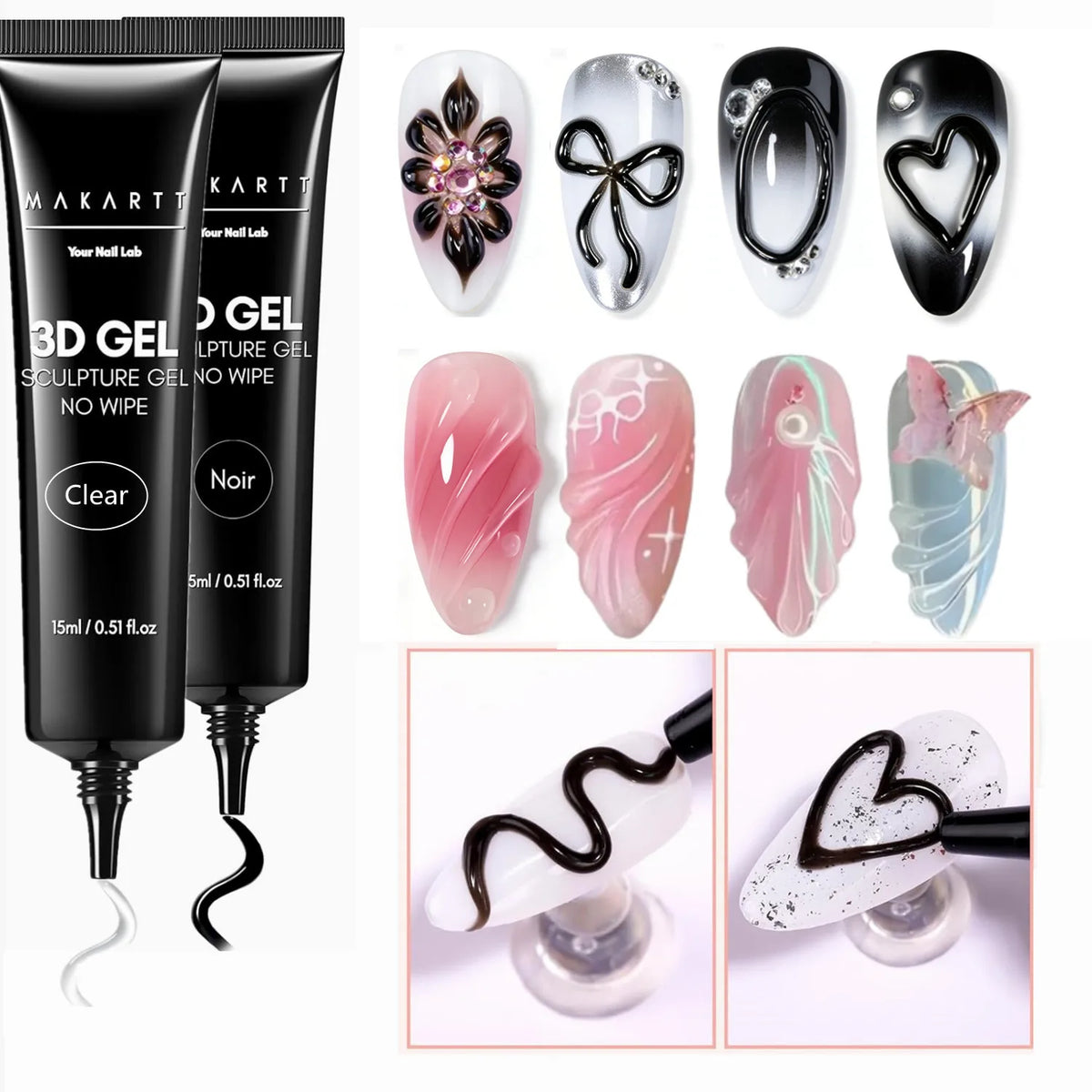 Makartt 3D Gel Nail Art – Clear & Noir Sculpting Gel for DIY Embossed Nail Designs – No Wipe Easy-Squeeze Tube Nail Glue