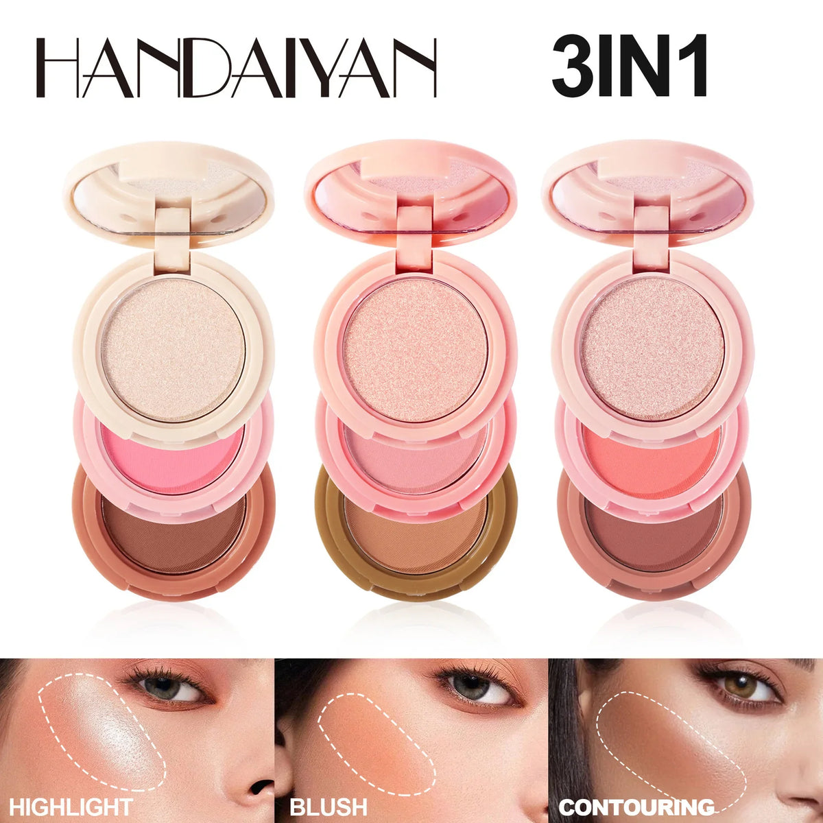 3-in-1 Multifunctional Matte Highlighter Contour Blush Palette Pearly Shiny Face Makeup Powder Cosmetics Contouring Palette