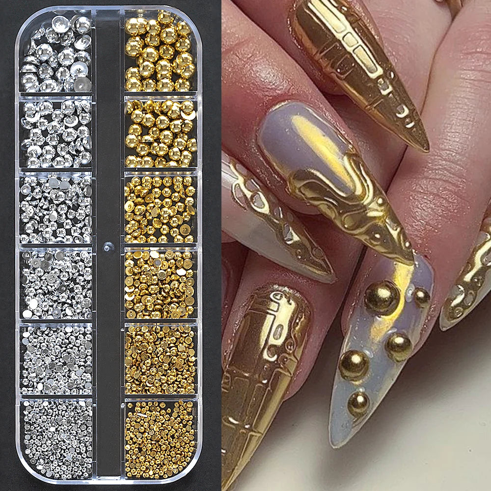 12 Grids Flatback Gold Silver Pearl Beads Nail Charms Round Caviar Ball For Nail Art Decorations 3D Nail Jewelry Rhinestones