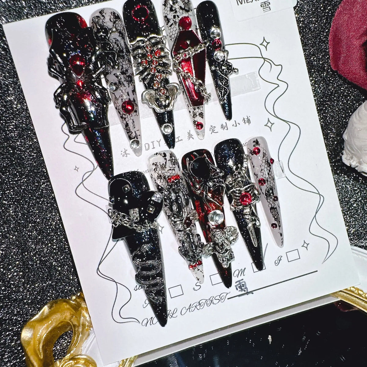Gothic Dark Red Press On Nails With Metal Spiders Rhinestones 3D Casket Multiple Sizes
