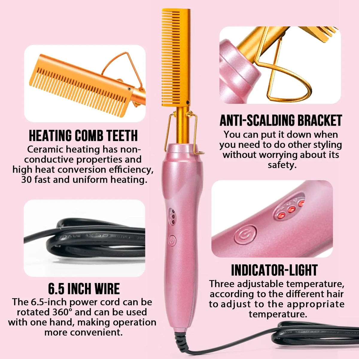 GOIPLE Electric Hot Comb Set, 3 Heat Settings Gold Heated Press Comb in Champagne Pink with Edge Styling and Wig Accessories
