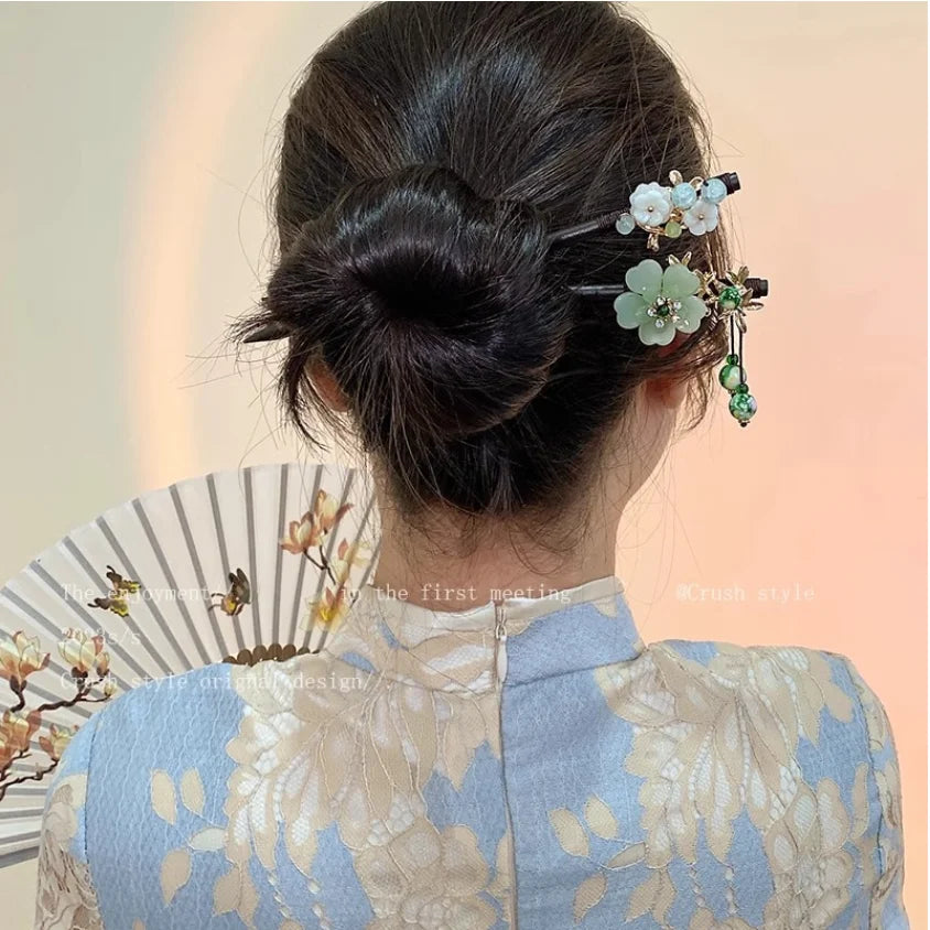 Flower Tassel Wooden Hairpin Retro Chinese Style Handmade Floral Hair Stick Vintage Girls Women Hanfu Hair Styling Accessories