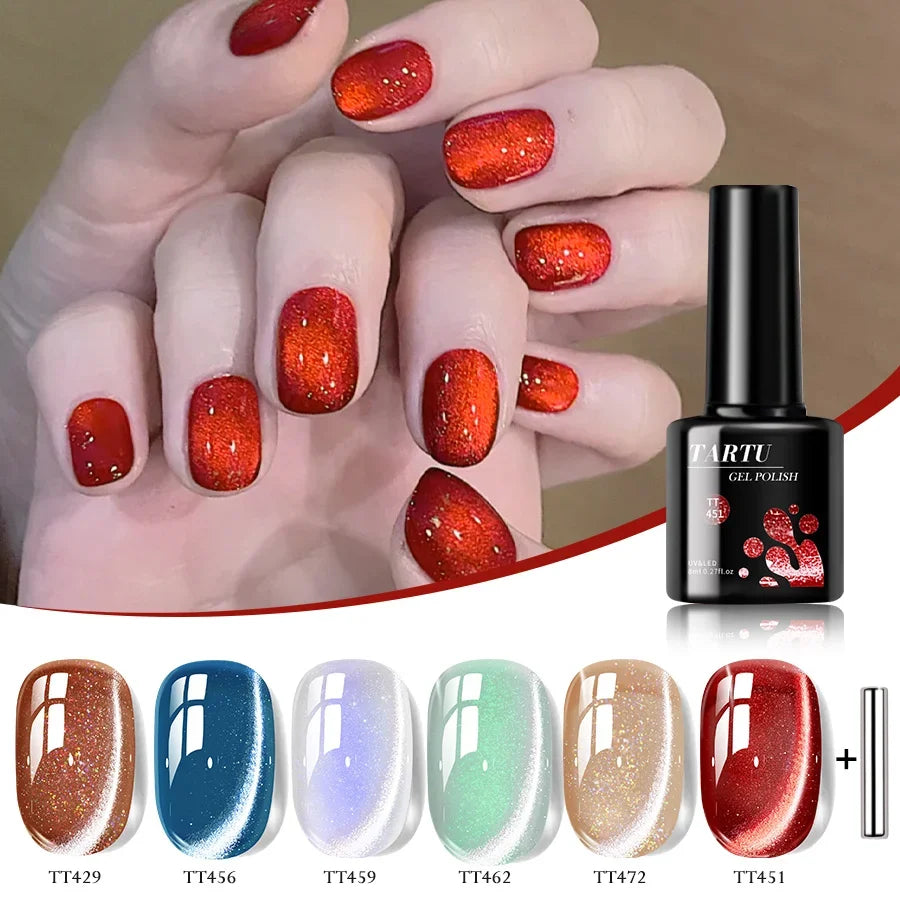 TARTU 6pcs 8ml Nude Pink Red Blue Green Brown Black Cat Eye Nail Gel Set, 6 Colors Semi-permanent Gel Polish Kit, Soak Off Uñas