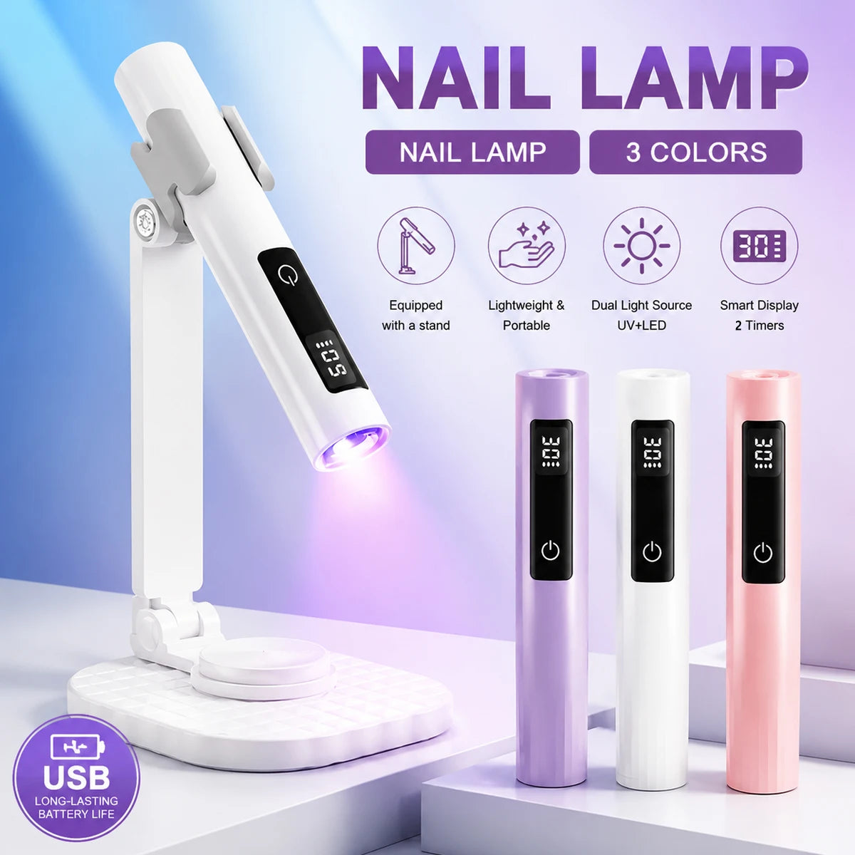UV LED Nail Lamp Professional USB Handheld Light with 360 Rotation Bracket Rechargeable Nail Gel Curing Lamp Manicure Salon Tool
