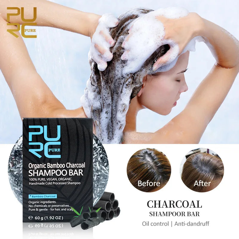 PURC Handmade Bamboo Charcoal Shampoo Bar Natural Essential Oil Soap Rich Lather Deep Clean Scalp Anti Dandruff Hair Care for Re