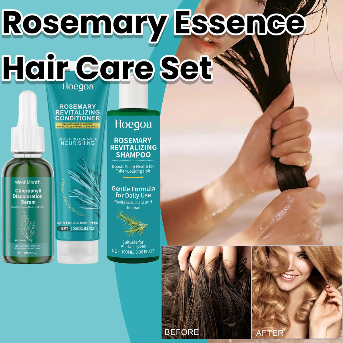Organic Rosemary Hair Care Set Shampoo&Conditioner&Serum Nourish Strengthen Hair Roots Improve Dry Frizzy Hair Smooth Treatment