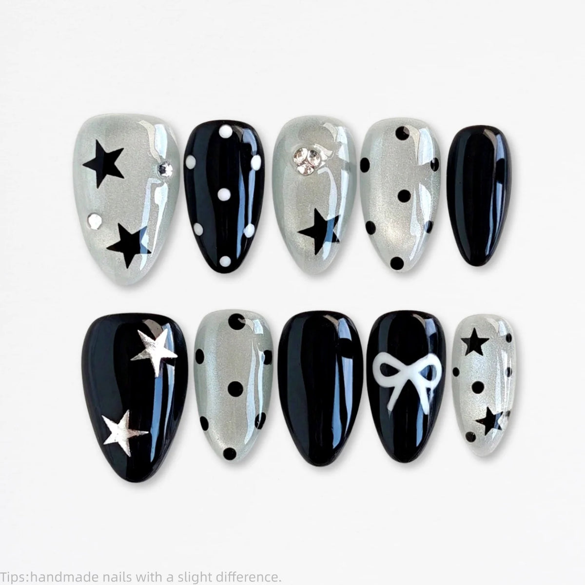 10pcs Y2k Handmade Press-On Nails,Black Cat Eye Polka Dots Short Almond Nails,For Women And Girls Vacation Or Everyday Wear