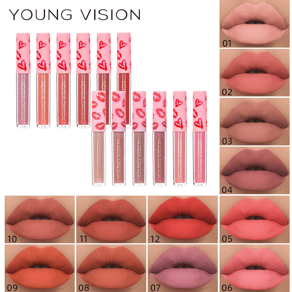 YOUNG VISION 12 colors matte matte texture lip gloss advanced makeup waterproof non-stick cup non-fading lip glaze