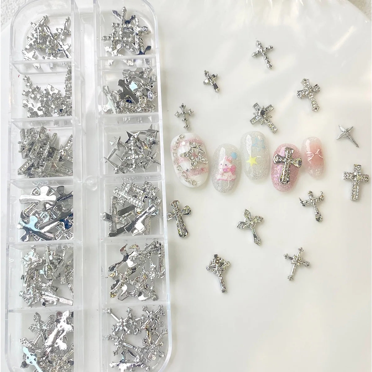 TSZS 12 Grids Y2K Silver Cross Nail Art Charms Mix Design Punk Starlight Cross with Wing Nail Decoration