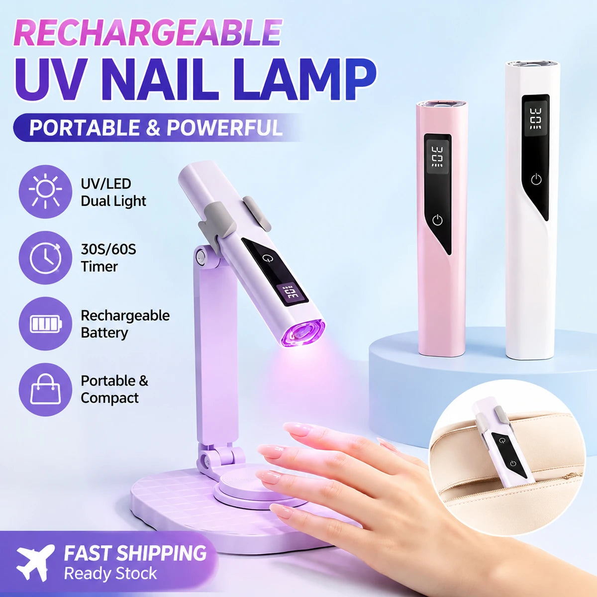 Mini UV LED Nail Lamp USB Rechargeable Handheld Light Professional Nail Gel Curing Lamp with Stand for Home And Nail Salon Use