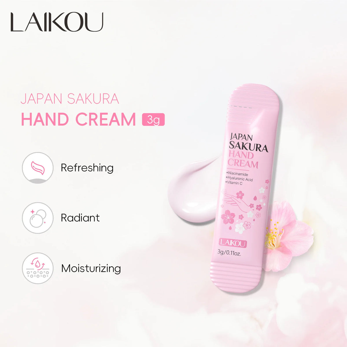 LAIKOU Sakura Hand Cream 3g Sachet Niacinamide Hyaluronic Acid Moisturizing Nourishing Mini Travel Hand Lotion for Dry Skin