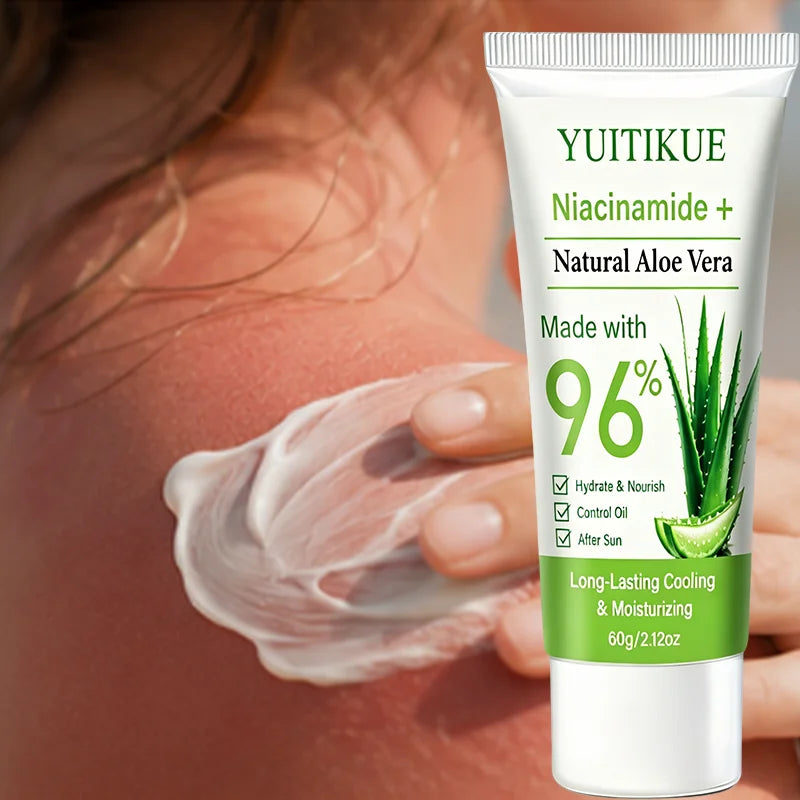 YUITIKUE Oil Control Aloe Vera Gel 96% Natural Niacinamide Long Lasting Cooling Hydrating Soothe Sun Damaged Skin Treatment 60g