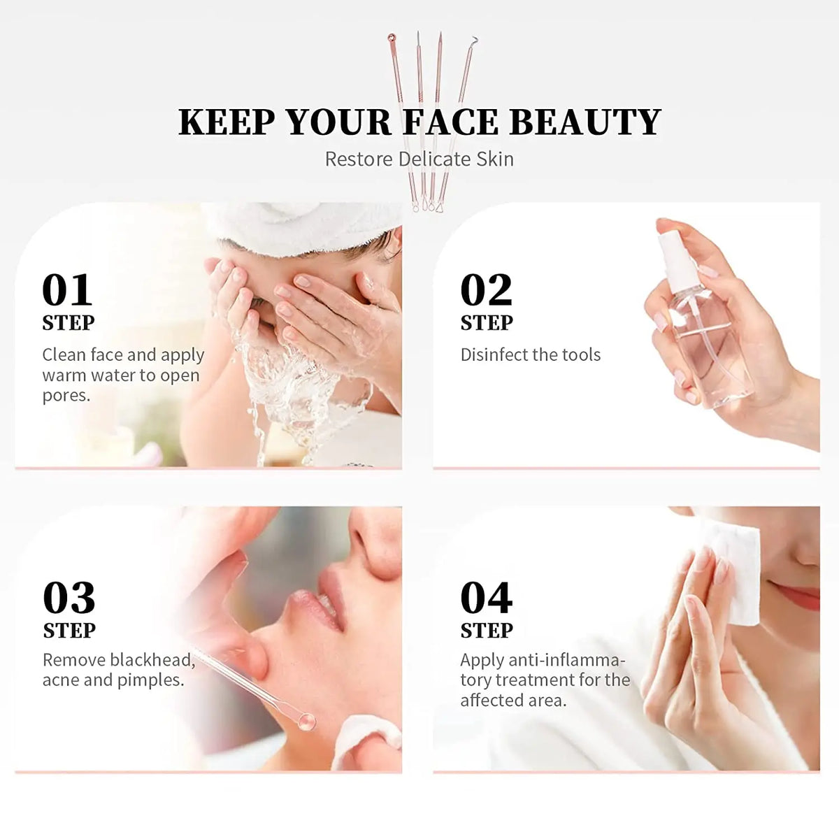 DUcare 4pcs Acne Blackhead Removal Needles Stainless steel Pimple Spot Extractor Acne Treatment Acne Needle Face Clean Care Tool