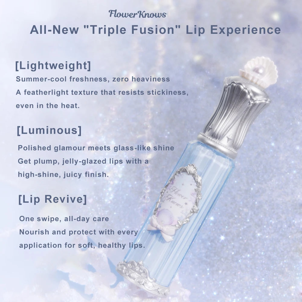 Flower Knows Shells Jewel Lip Gloss Long Lasting High Shine Hydrating Mermaid Gloss Plumping Waterproof Non Sticky Lip Makeup