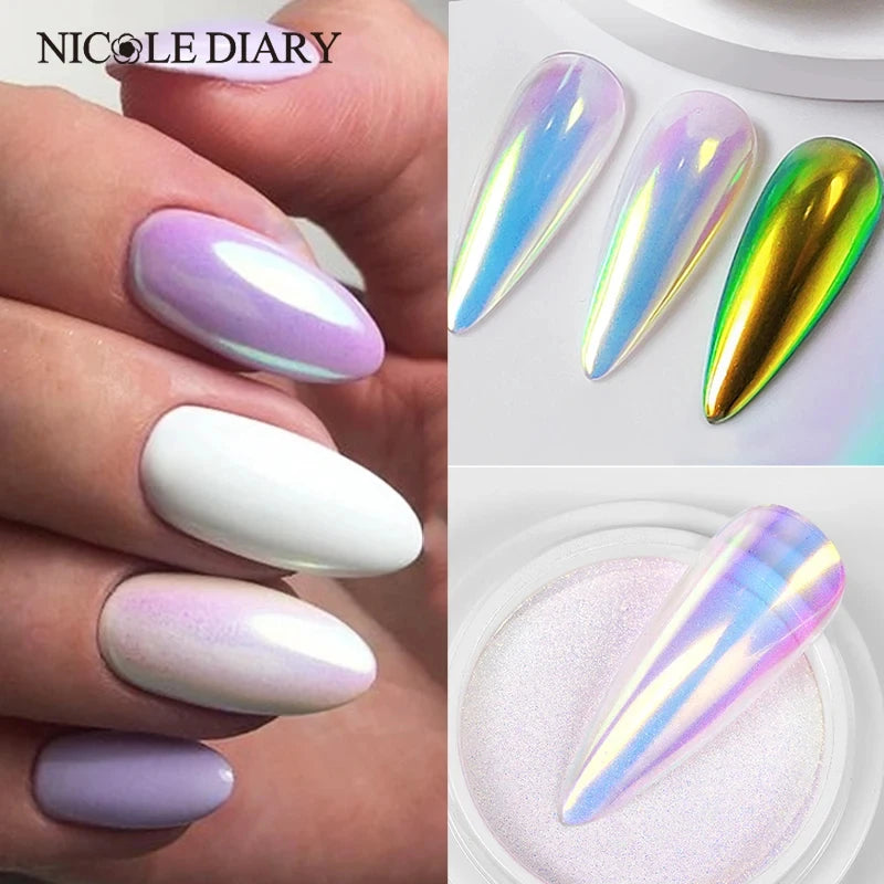 NICOLE DIARY Aurora Nail Powder White Pigment Pearl Rubbing Dust Effect Nail Art Glitter Manicure Nail Accessories