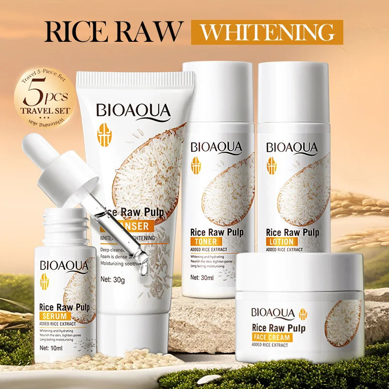 Rice Puree Skin Care Set Whitening Brighten Hydrating Moisturize Soothing Facial Cleanser+Toner+Essence+Lotion+Cream Skincare