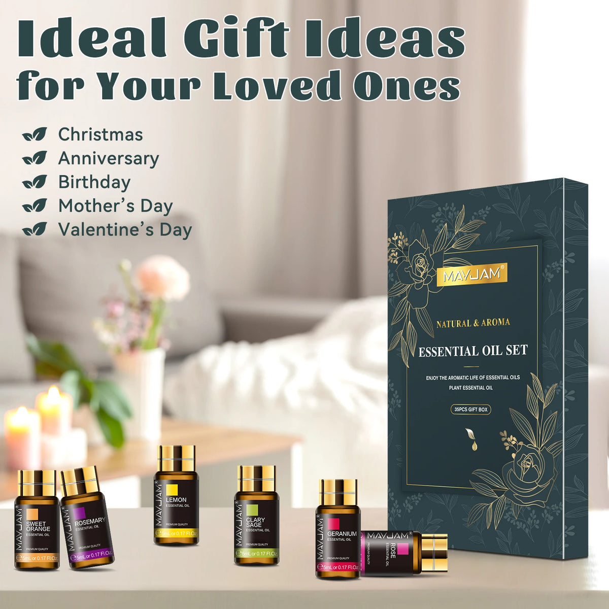 MAYJAM 35 Bottles Essential Oils Gift Sets Lavender Jasmine Eucalyptus Vanilla Peppermint Sandalwood Bergamot Reed Diffuser Oils