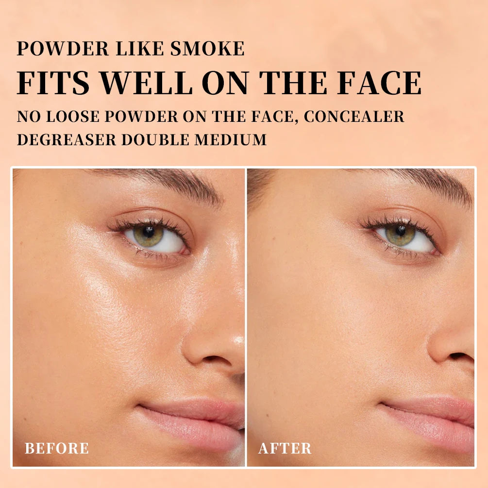 QIBEST Pressed Powder Oil-Control Long-Lasting Face Setting Powder Compact Powder Full Coverage Concealer Makeup Base Foundation