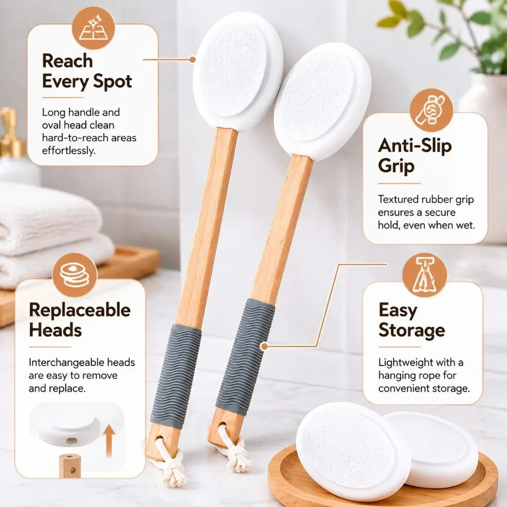 Soft Sponge Back Lotion Smearing Stick Long Wooden Handle Summer Self Apply Body Cream Moisturizer Easy Reach Skin Care Tool