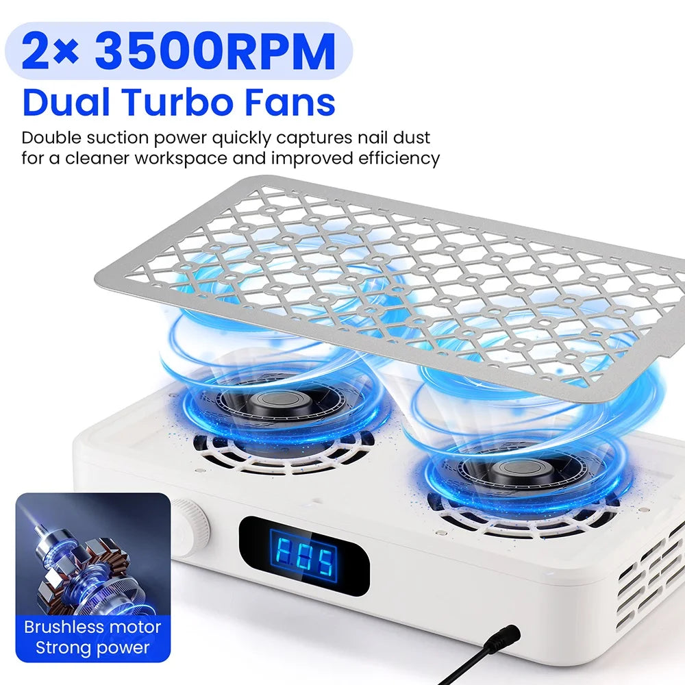 2500/2800/3000/3300/3500rpm Speed Adjustable Brushless Nail Dust Extractor Powerful Twin Turbo Vacuum Nail Dust Collector