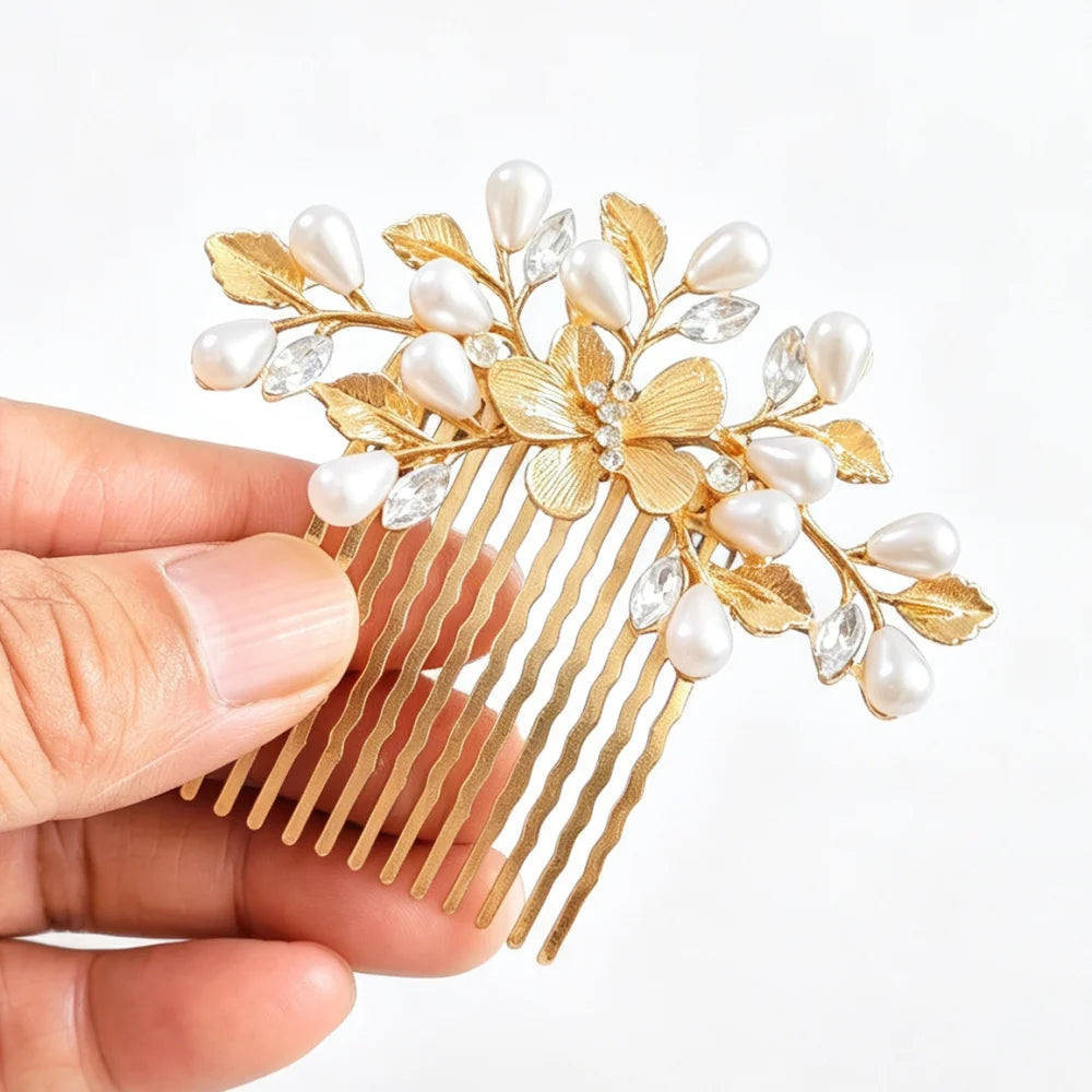 Floral Pearl Rhinestone Hair Comb Elegant Metal Leaf Bridal Hair Clip Pins Wedding Hair Accessory for Bride Updo Hairstyle