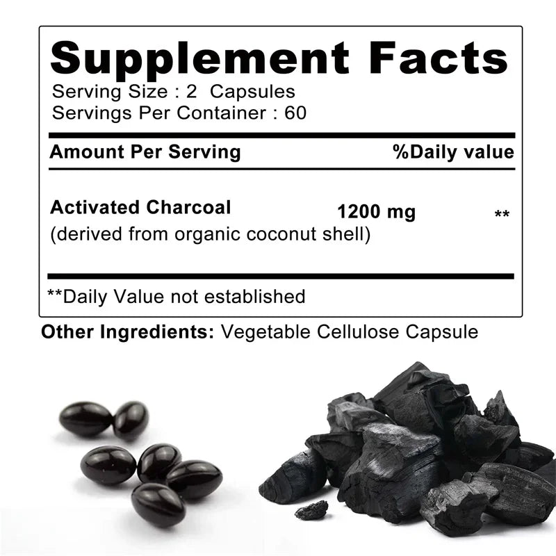 Activated Charcoal Capsules 1,200 Mg - Organic Coconut Shell, Helps Relieve Gas & Bloating, Detox & Bowel, Digestive Supplement