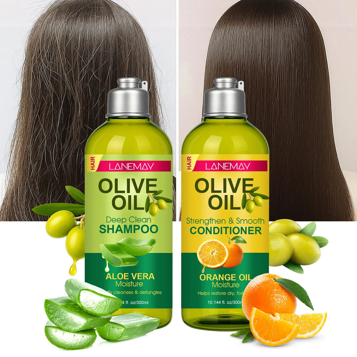 Olive Oil Shampoo & Conditioner Set with Aloe Vera & Orange Oil | Deep Clean, Strengthen & Smooth Frizzy Hair, 300ml Each