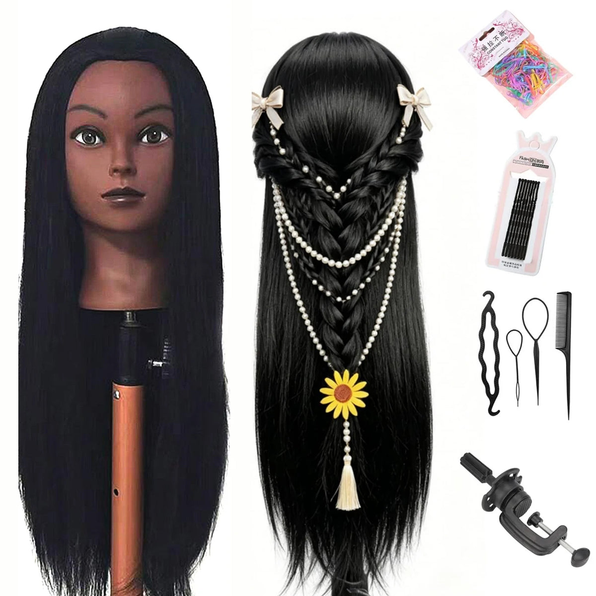 Black Cosmetology Mannequin Head with Hair Doll for Hairdressing Training Styling Practice Braiding with Clamp Holder