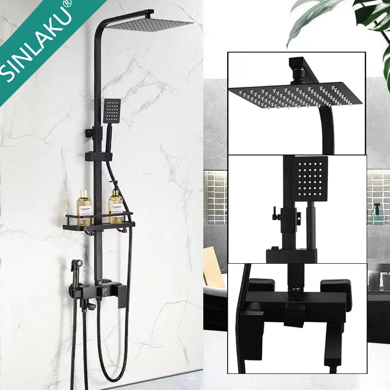 SINLAKU Rainfall Bathroom Shower Faucet Set With Rack Shelf Bathtub Mixer Tap Black Wall Mounted Brass Bath Cabin System