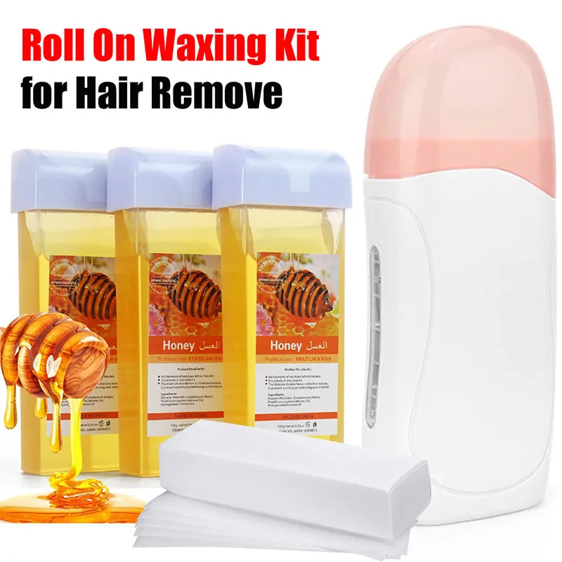 Roll On Waxing Kit With Wax Cartridges and Wax Strips 3 in 1 Soft Wax Heater Kit Hair Removal Wax Paper Waxing Kits Warmer
