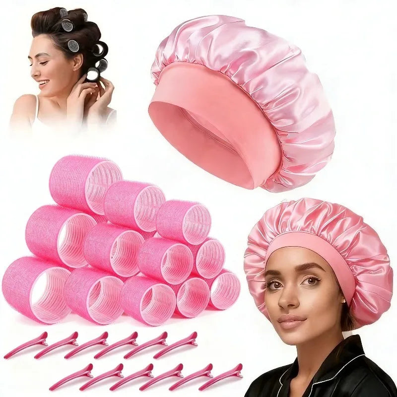31Pcs Heatless Hair Curlers Set with 18 Self Grip Rollers 12 Clips Satin Nightcap for Overnight Natural Waves Styling Kit