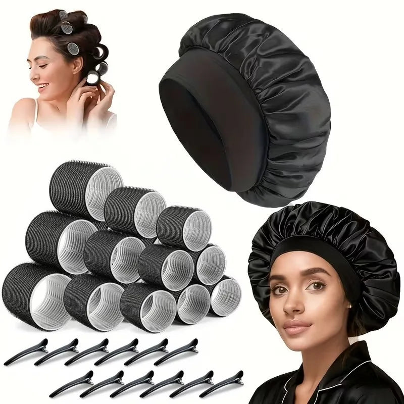 31Pcs Heatless Hair Curlers Set with 18 Self Grip Rollers 12 Clips Satin Nightcap for Overnight Natural Waves Styling Kit