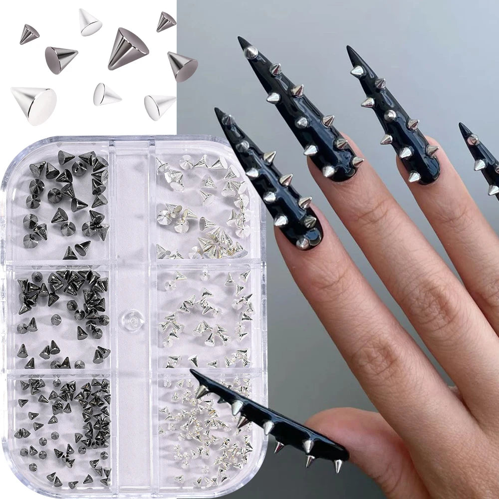 6Grid/Box Y2K 3D Mixed Metal Punk Pointed Cone Nail Rivet Gold/Silver/Gun Black Alloy Spike Nail Charms Flat Bottomed Nail Stud