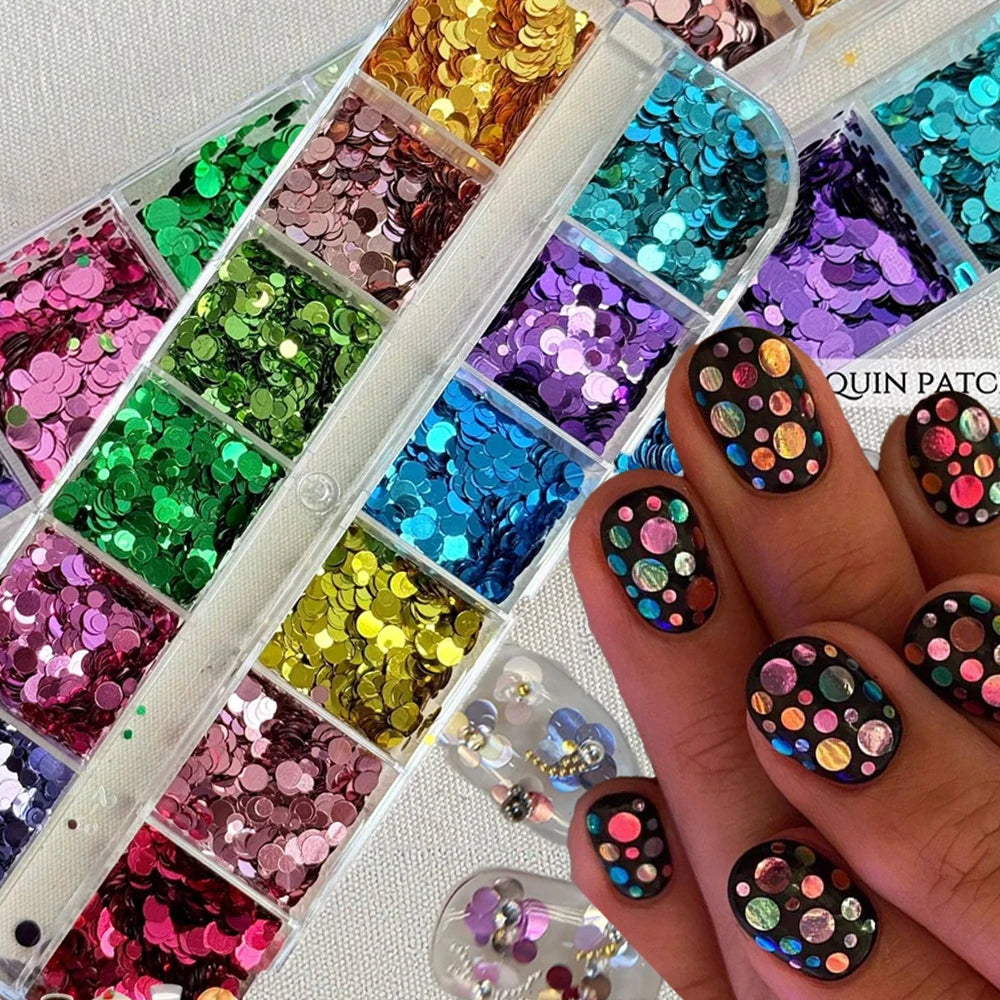 12Grids Shiny Polka Dot Nail Glitter Mixed Size Gold Pink Round Sequins Nail Accessory 3D Flakes Slices Paillette Manicure Decor