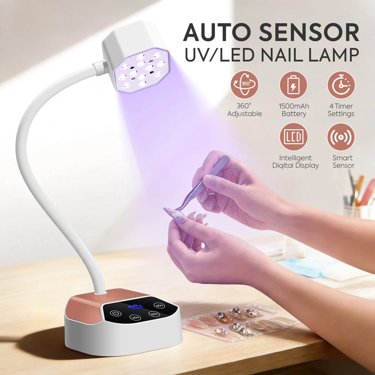 DianaBeauty UV Led Nail Lamp Desktop Rechargeable Nail Dryer with 4 Timer Settings and Auto Sensor Portable UV Light for Nails