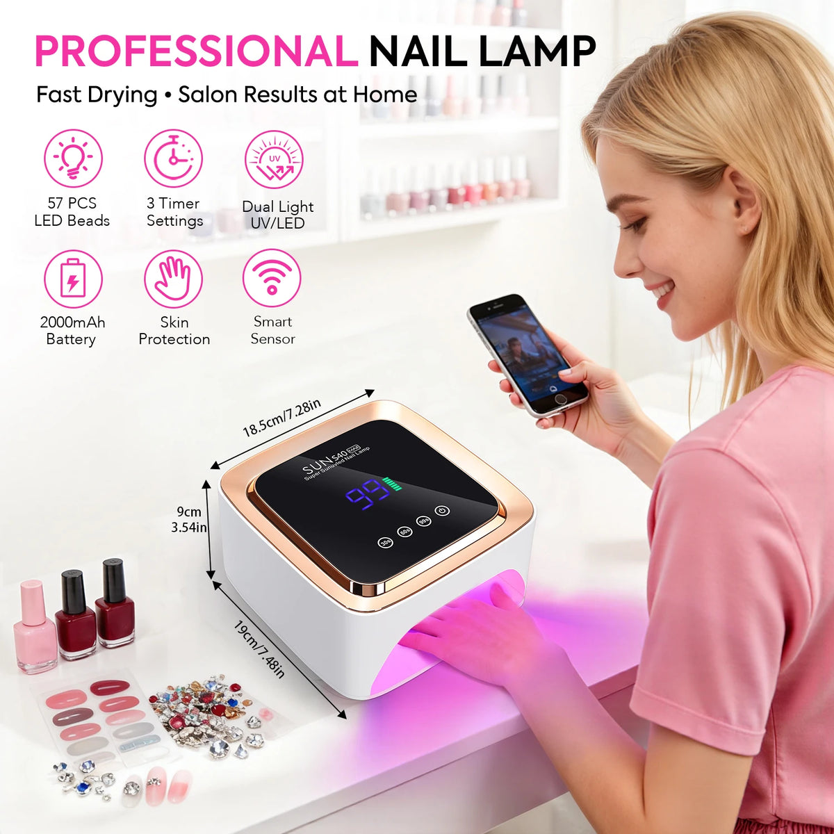 Cordless UV/LED Nail Lamp (57 Beads) – 3-Timer Settings, Detachable Base & 2000mAh Rechargeable Battery