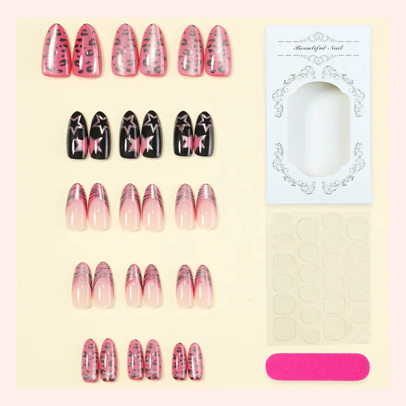 24pcs Y2K Pink Zebra Leopard Press on Nails Star Glossy Nude Black Fake Nail Short Almond Full Coverage Nail Tips for Women