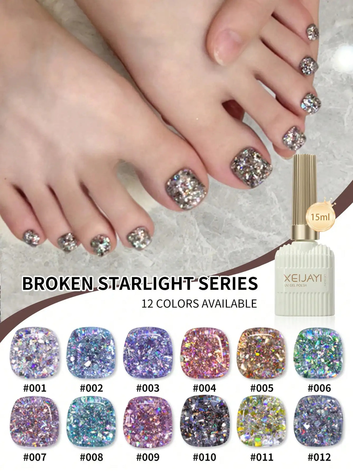 12pcs 15ml Broken Straight Series Glitter Silver Gel Nail Polish Semi-permanent Varnish Soak Off Nail Art Base Top Coat