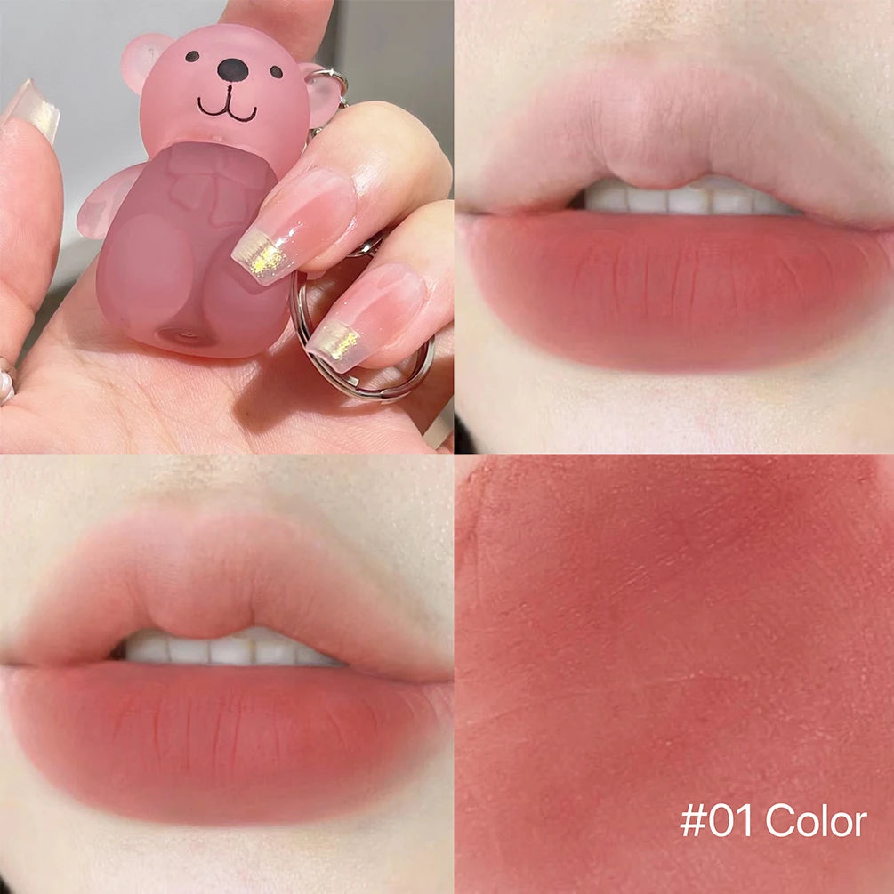 Cute Bear Velvet Lip Mud Keychain Matte Nude Red Lip Gloss Autumn Winter Non-stick Cup Lipstick Waterproof Lasting Lips Makeup