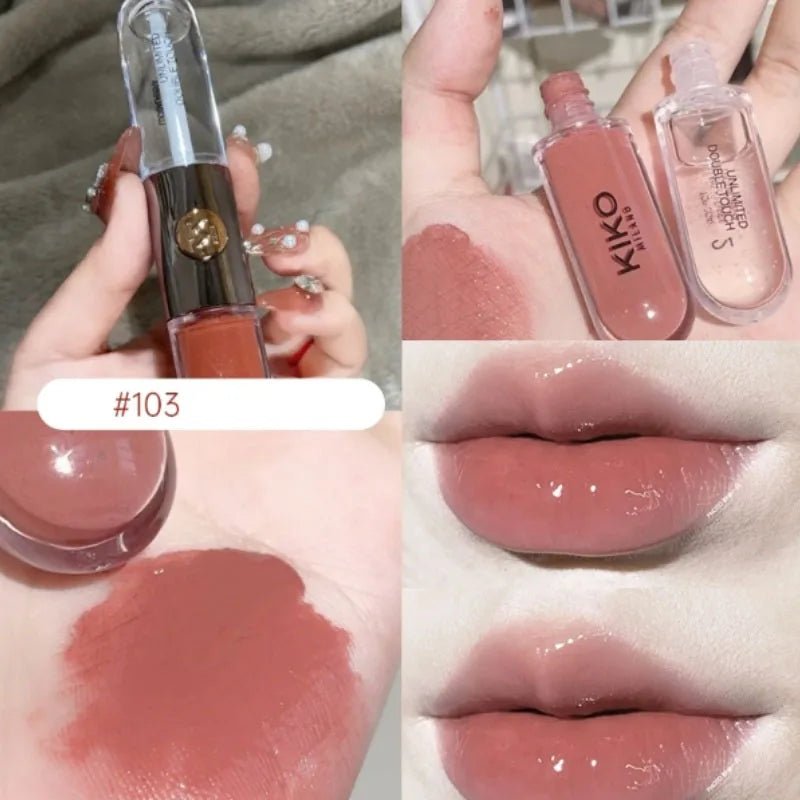 KIKO 3D Double Headed Lipstick Transparent Mirror Lip Gloss Non Fading Oil Sexy Rich Lip Gloss Milk Tea Bean Paste Naked Makeup