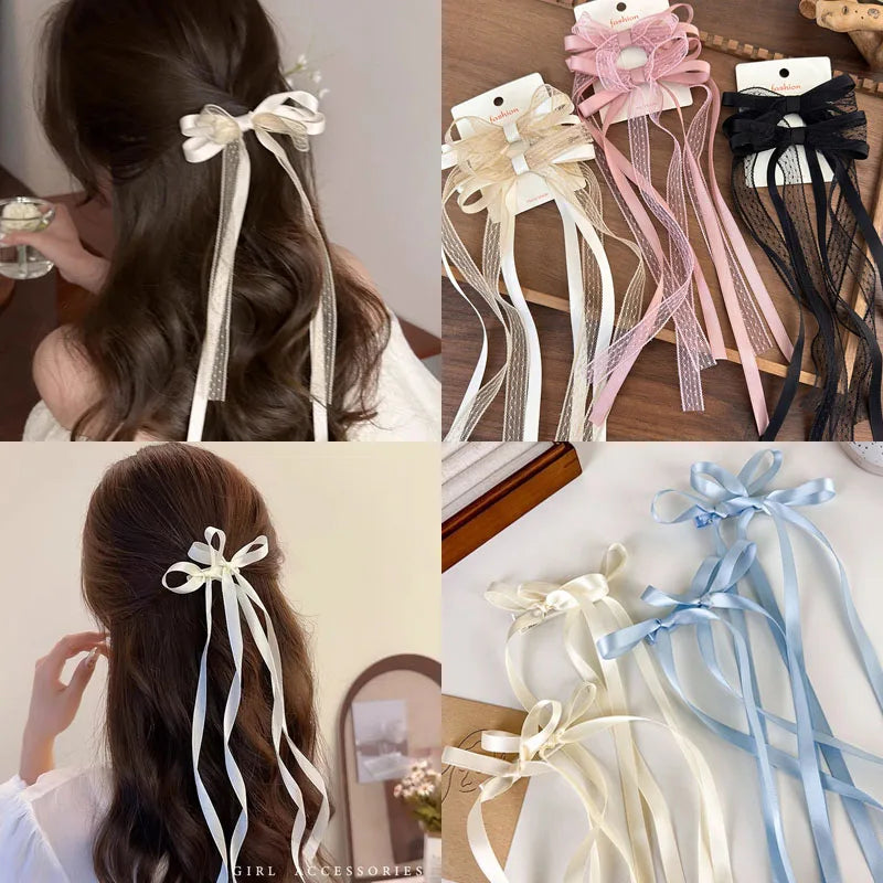 Vintage Large Satin Bow Hair Clip Trendy Long Ribbon Hairpin Barrettes Headwear women Hair Tie For Girl Braided Hair Accessories