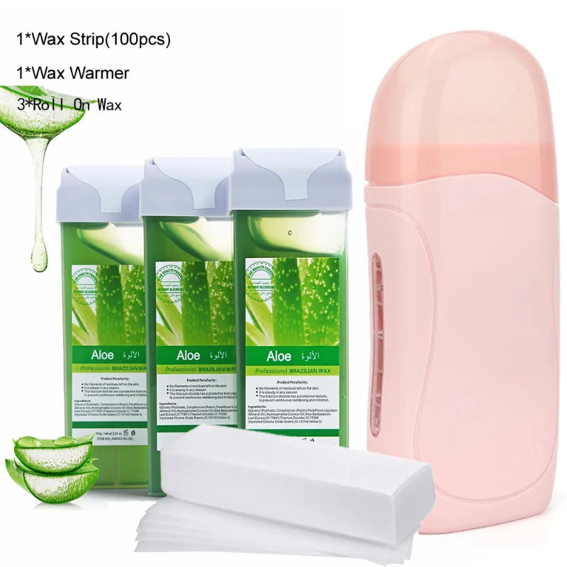 Epilatory Waxing Kit - Rose painless bikini wax Roll-On Wax Includes Heater Machine Refillable Wax And 100PCS Waxing Papers
