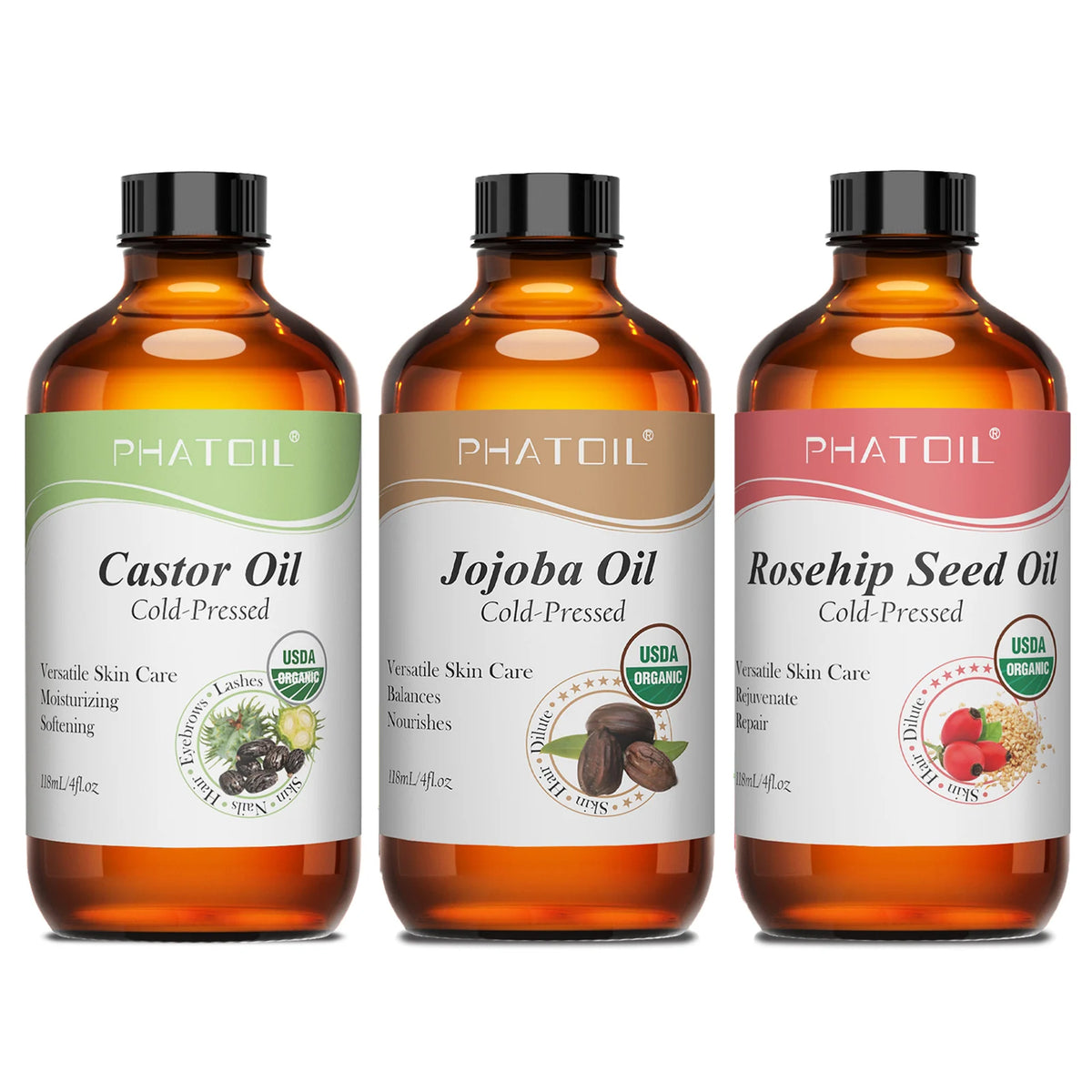 PHATOIL 100% Organic 236ml Castor Oil 118ml Jojoba Rosehip Oil Sunflower Seed Oil