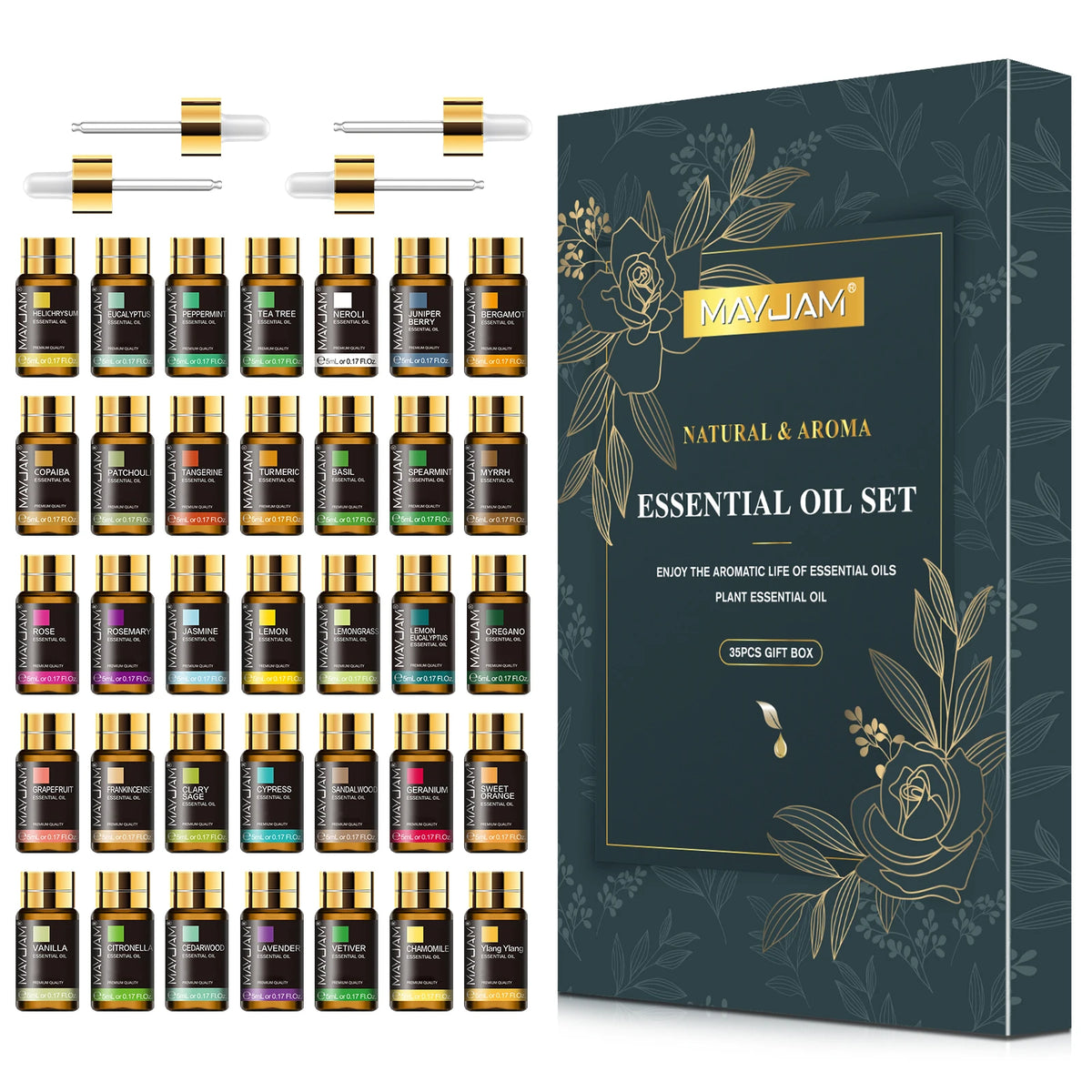 MAYJAM 35 Bottles Essential Oils Gift Sets Lavender Jasmine Eucalyptus Vanilla Peppermint Sandalwood Bergamot Reed Diffuser Oils