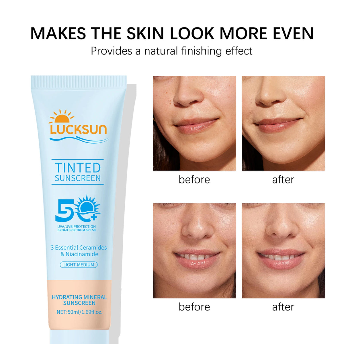 Tinted Sunscreen SPF 50 Hydrating Even Skin Tone Mineral Sunscreen with Ceramides Niacinamide for Light-Medium Skin Tones, 50ml