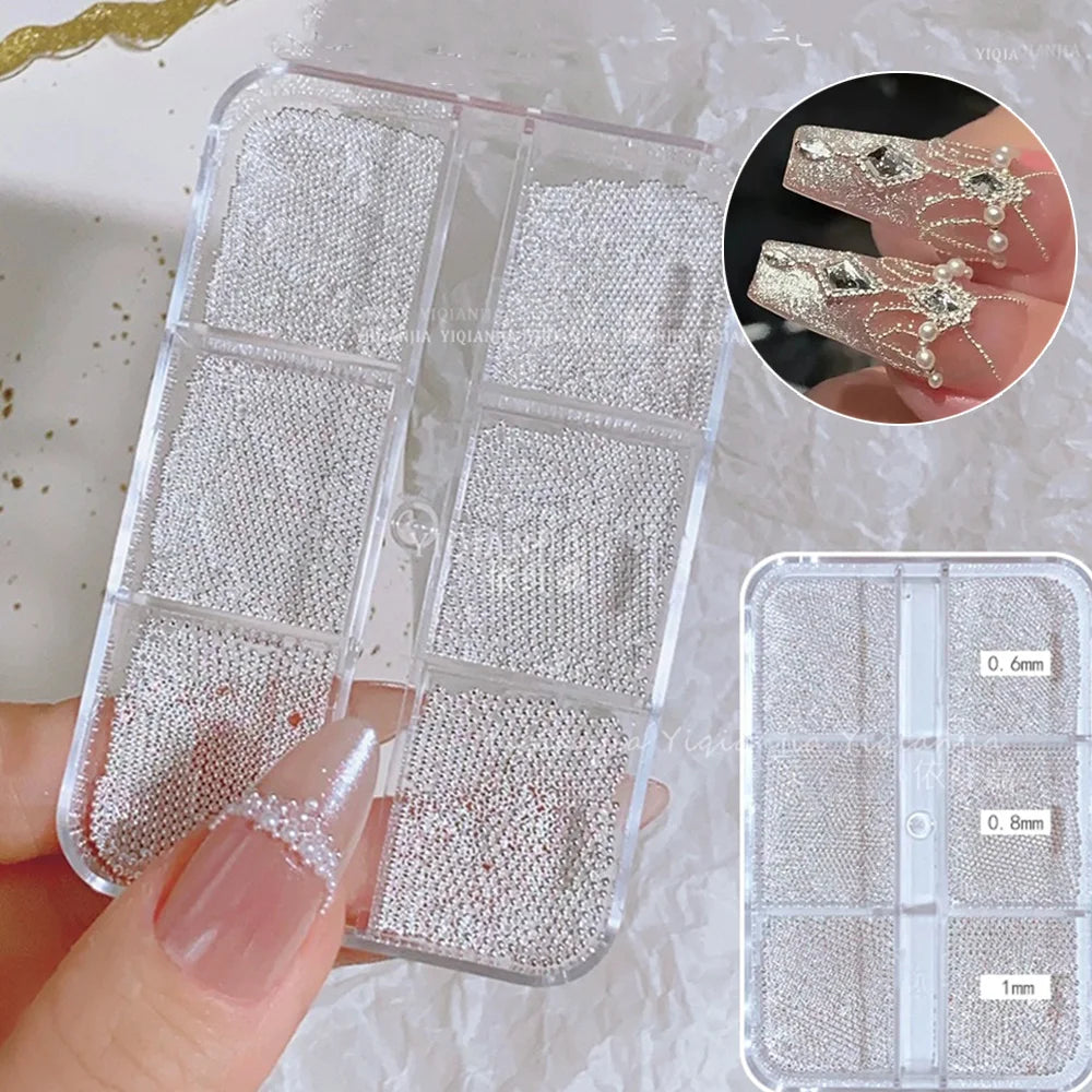 6 Grids Silver Steel Micro Beads Nail Art Decoration, Mixed Sizes-0.6mm 0.8mm 1.0mm, Nail Rhinestones Caviar Beads Nail Supplies