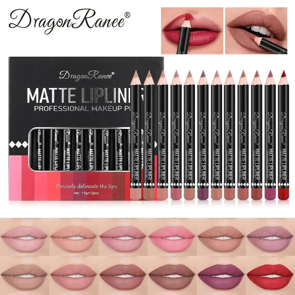 Long Lasting Matte Lip Liner 12 Colors Set Waterproof High Pigment Nude Wooden Pencil Lip Makeup Kit for Daily Use