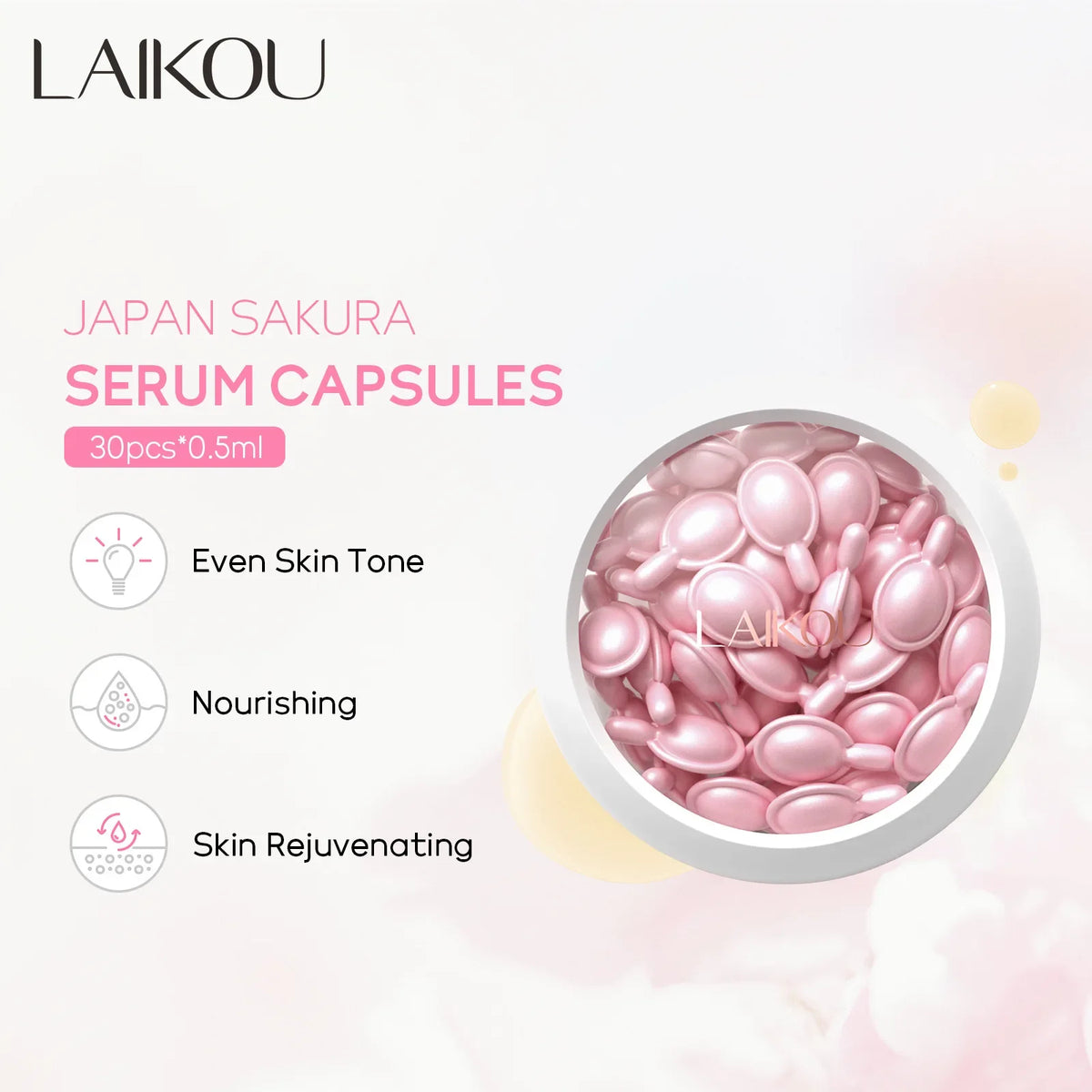 LAIKOU Sakura Capsule Essential Oil Facial Serum Moisturizing Brightening Serum Anti-Wrinkle Firming Brighten 30pcs*0.5ml
